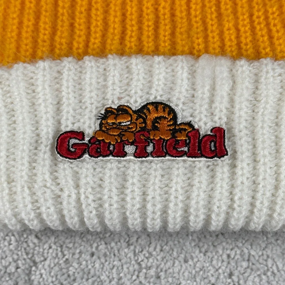 Garfield Cat Knit Beanie Kids Child OS Yellow White Vtg 80s Pom Pom Hat USA Made